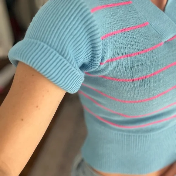 Vintage Blue and Pink Striped Knit Crop Top xs - Picture 2 of 10